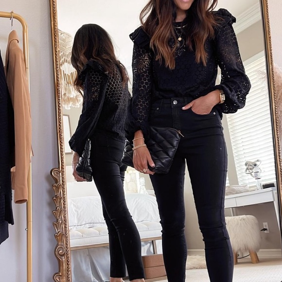 Express Tops - Lace Long Sleeve Ruffle Shoulder Top S